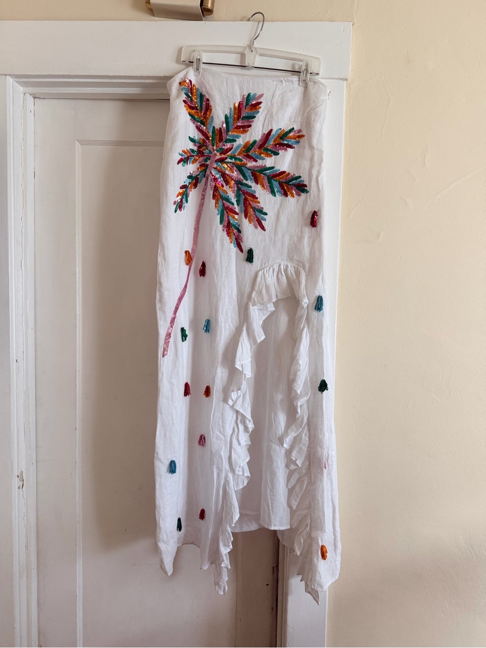 White Strapless Embroidered Ruffle Dress